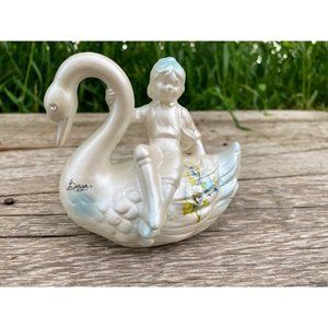 Vintage 1950s Berger Ceramic Boy on Swan Figurine Rhinestones Italy